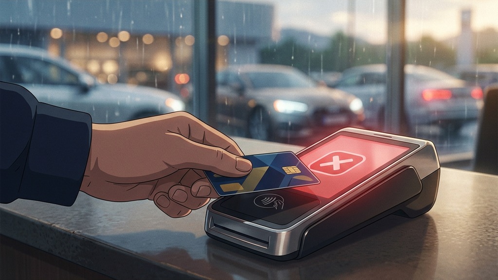 Gros plan sur une carte bancaire refusée devant un terminal de paiement avec une icône d'erreur rouge lors du paiement du malus écologique