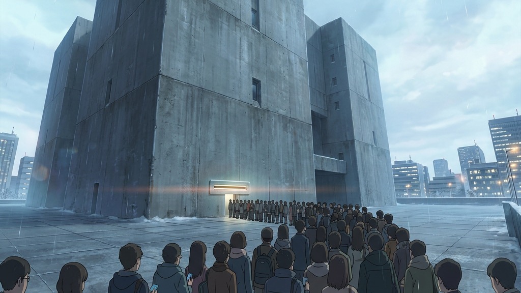 Un immense bâtiment gouvernemental brutaliste avec une minuscule fente pour carte bancaire comme unique entrée