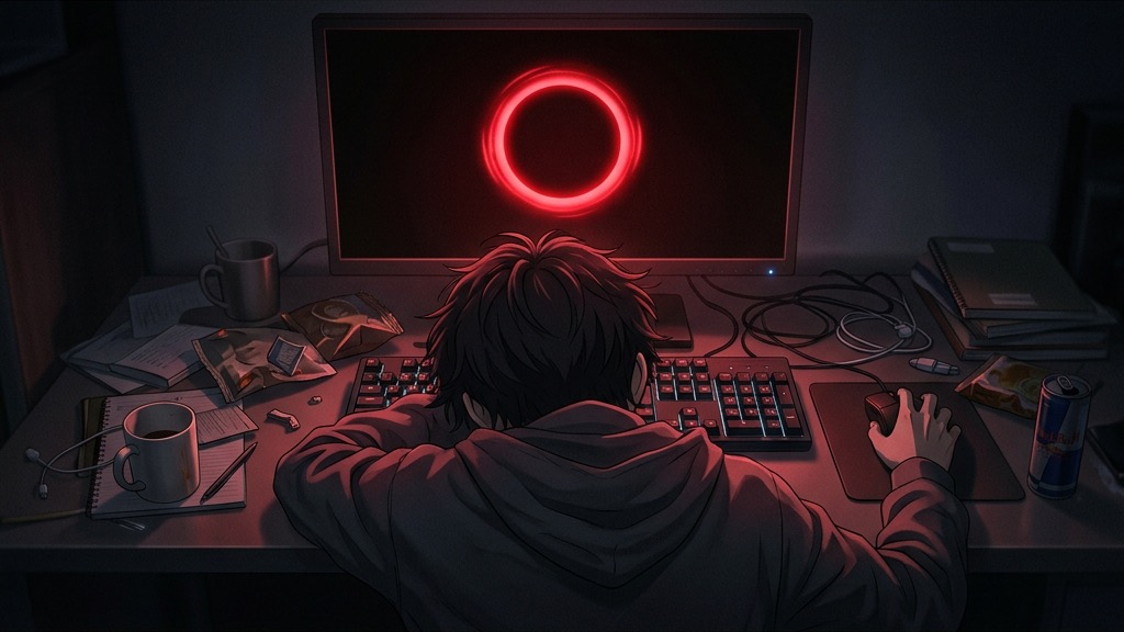 Une personne effondrée sur son clavier face à un écran affichant un chargement infini rouge