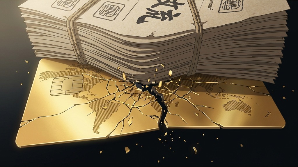 Gros plan sur une carte bancaire premium qui se fissure sous le poids d'une énorme facture de taxes