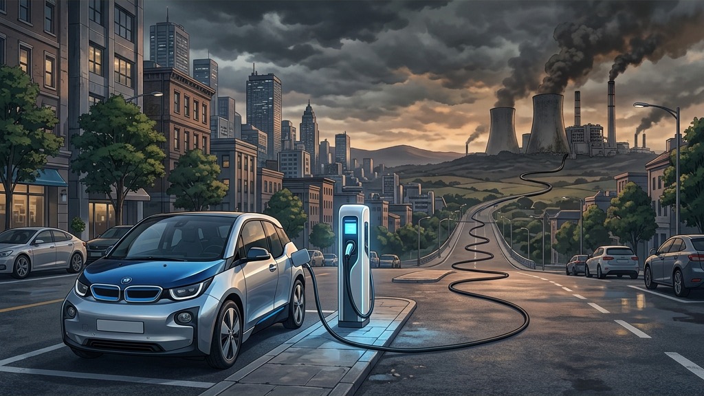 Une voiture électrique dont le câble de recharge est virtuellement relié à une centrale à charbon polluante