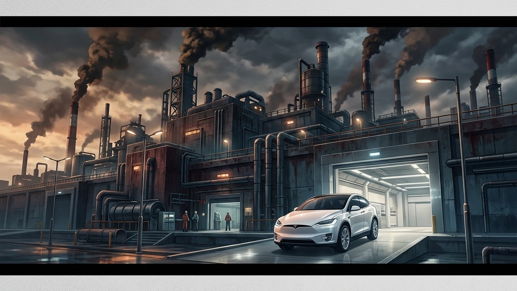 Une gigafactory de batteries très polluante avec un SUV électrique flambant neuf au premier plan