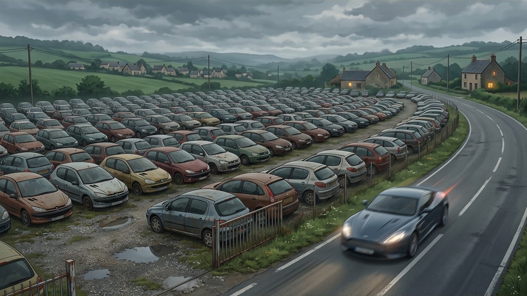 Un immense parc de marché de l'occasion rempli de vieilles voitures à essence et diesel esquivant le malus écologique