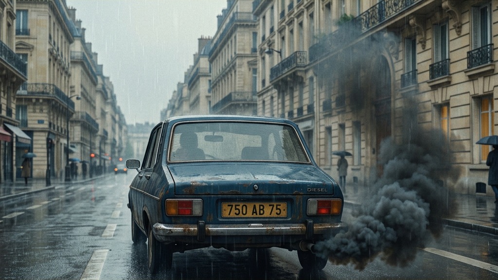 Un très vieux monospace diesel relâchant de la fumée, contraint de rouler par manque de moyens de rachat