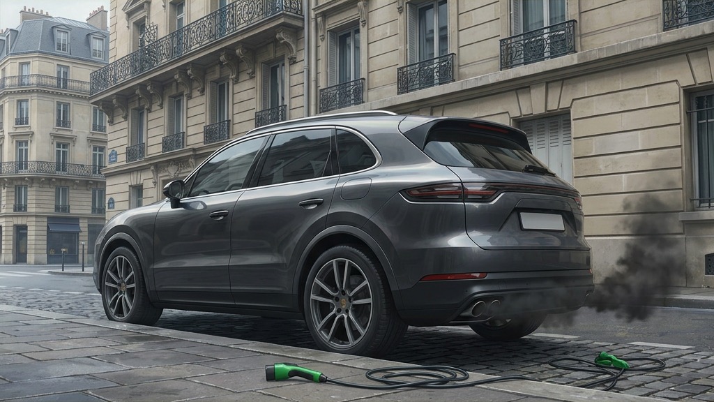 Un très lourd SUV hybride rechargeable roulant sur son moteur essence en ville sans jamais être branché