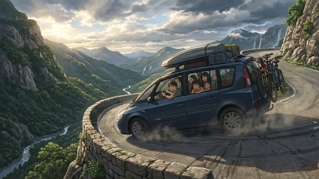 Un monospace familial très lourdement chargé sur une route de montagne, une configuration ignorée par les tests WLTP