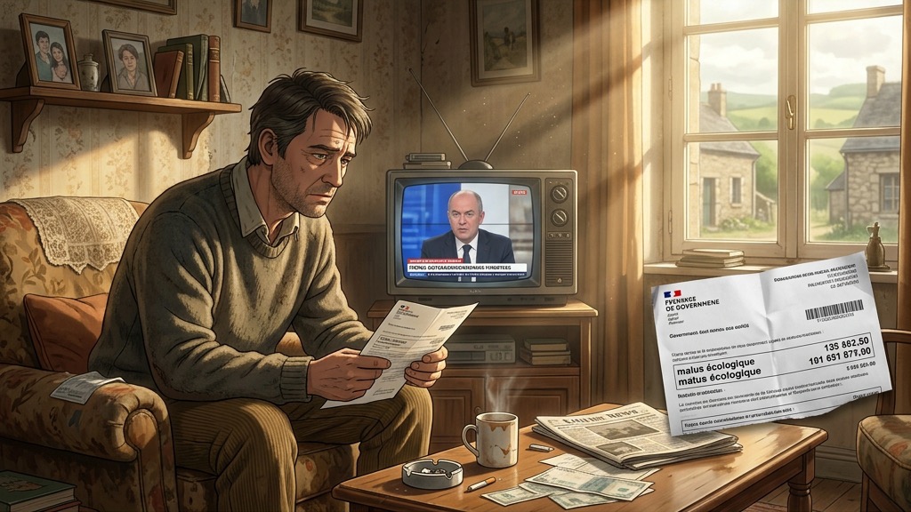 Un père de famille nombreuse en milieu rural regardant la télévision consterné par son avis d'imposition exorbitant