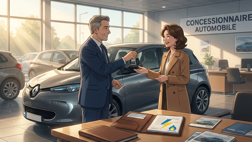 Un vendeur remet des clés de voiture avec un logo d'entreprise d'énergie sur le dossier au lieu du logo de l'État
