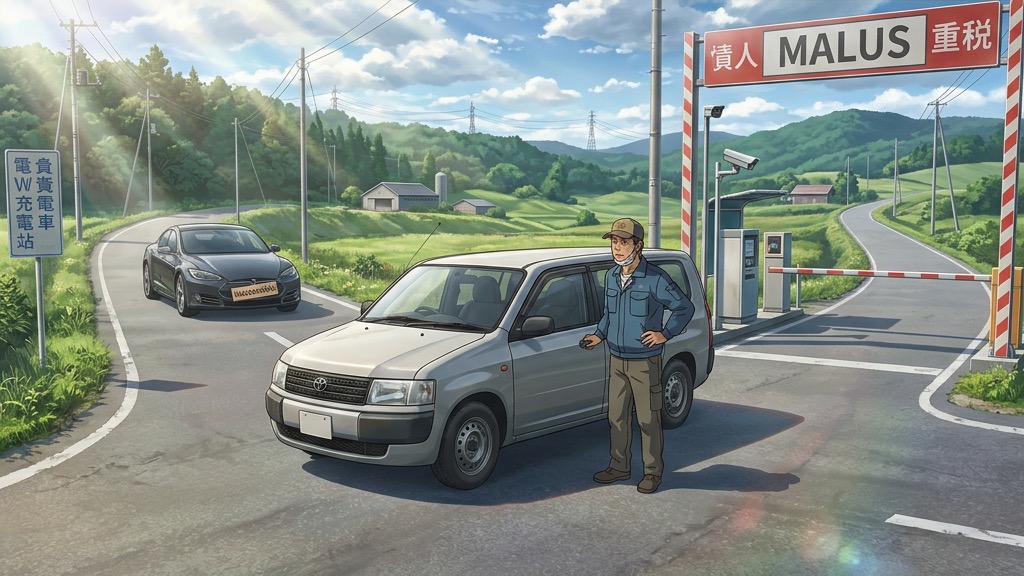 Un père de famille coincé à un carrefour avec sa vieille voiture face à un péage de taxe carbone infranchissable