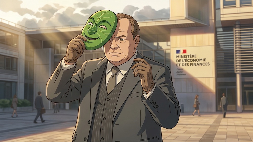 Un percepteur des impôts en costume gris retirant un masque vert et souriant de l'écologie pour dévoiler son vrai visage