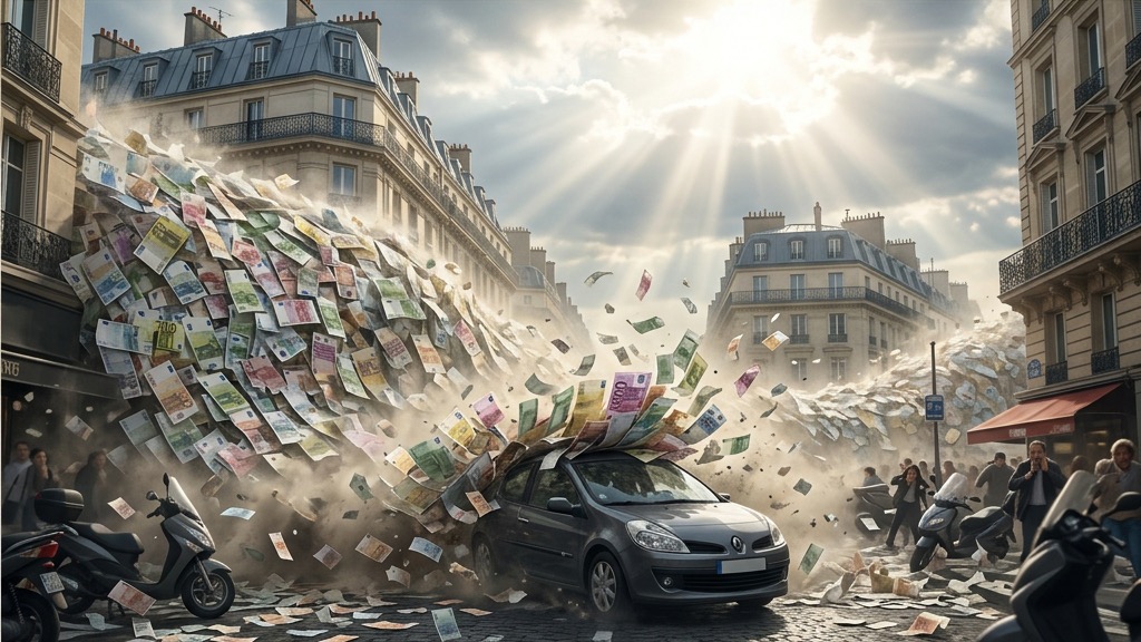 Un mur de billets de banque s'abattant sur une voiture pour symboliser l'explosion des recettes de la taxe carbone