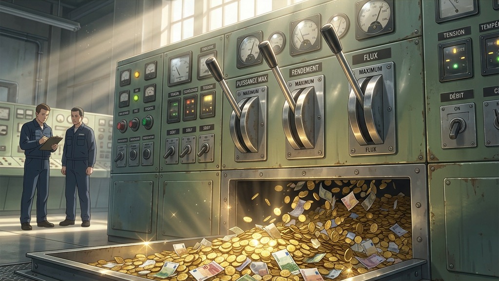 Un énorme tableau de bord avec des leviers fiscaux recrachant de l'or pour le budget général
