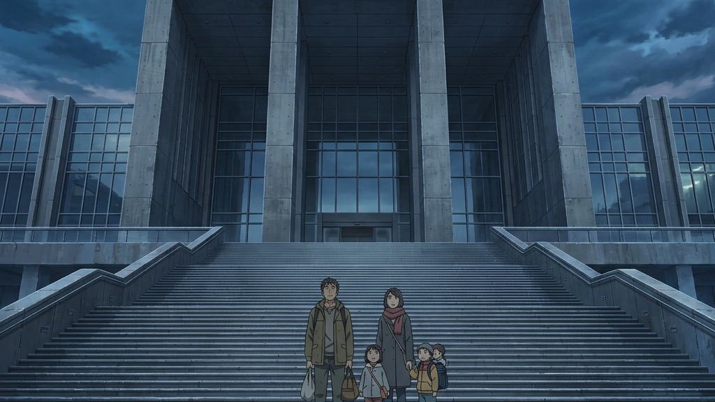 Une petite famille se tenant perdue au pied de l'immense escalier d'un bâtiment administratif moderne, froid et démesuré