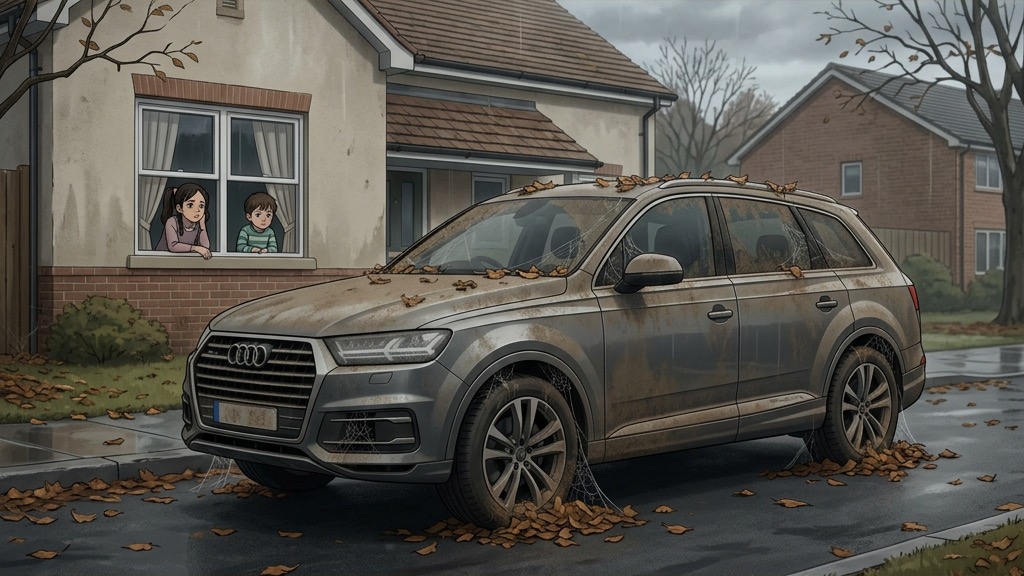 Un grand SUV familial flambant neuf couvert de poussière et de feuilles mortes, abandonné dans la rue sous le regard triste des enfants