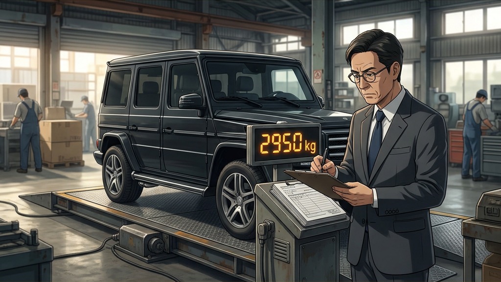 Un gros SUV lourd sur une balance industrielle avec un inspecteur notant une facture de taxe automobile